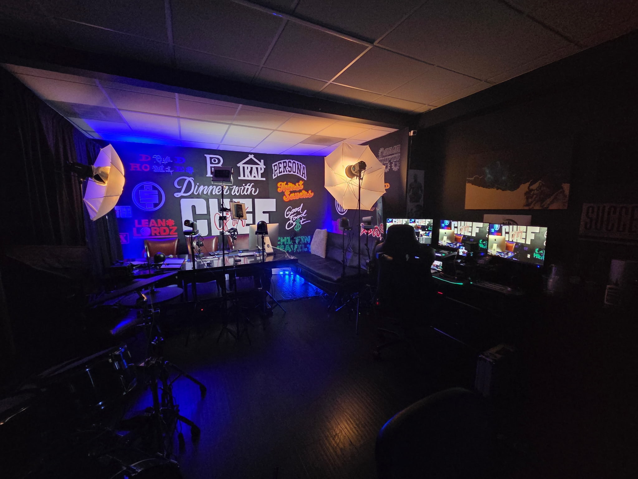 LABCG podcast studio with professional lighting and broadcast setup